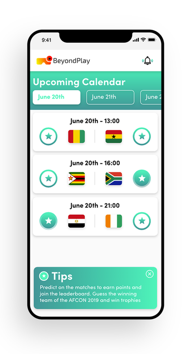 BeyondPlay match calendar screen showing fixtures by day